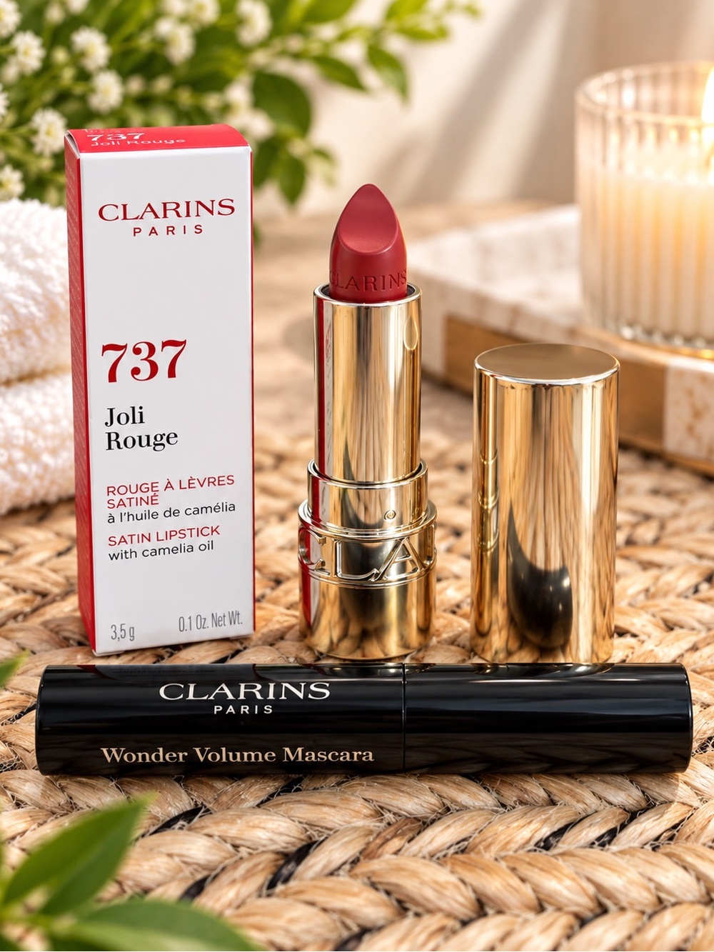 Clarins Bundle: Joli Rouge Lipstick 737 Spicy Cinnamon + Wonder Volume Mascara